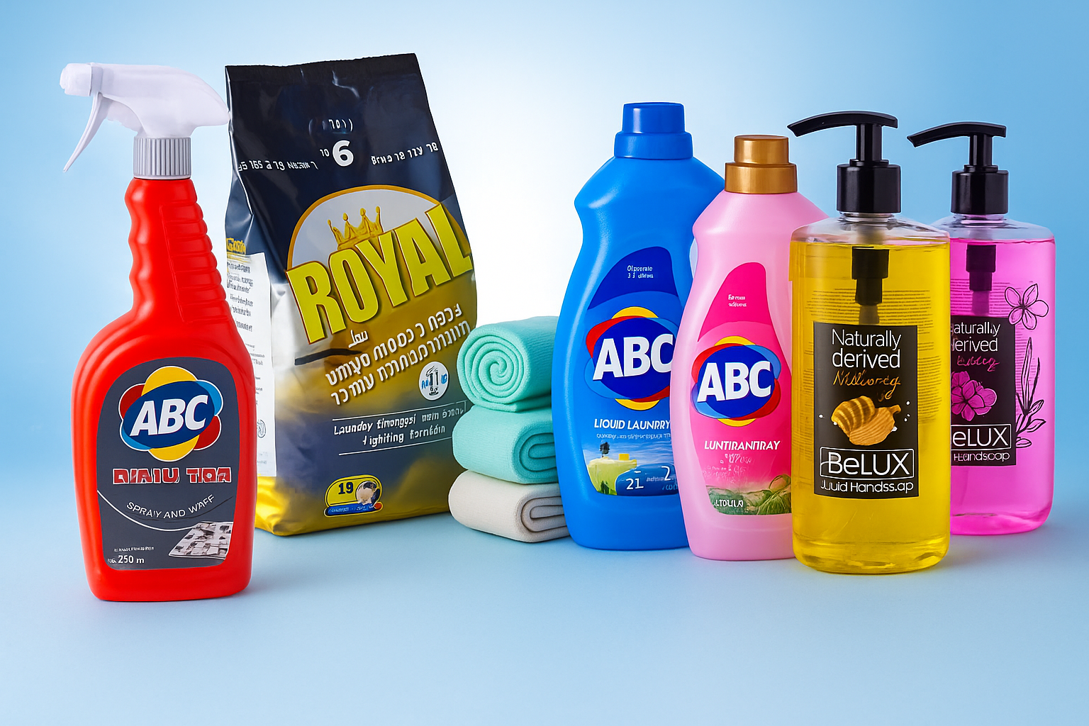 Imported finished cleaning products on shelves